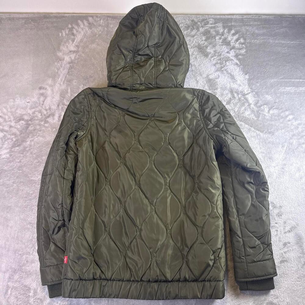 Levi’s Olive Quilted Jacket Faux Fur Hood Military Style Coat Women’s Medium - Picture 2 of 7